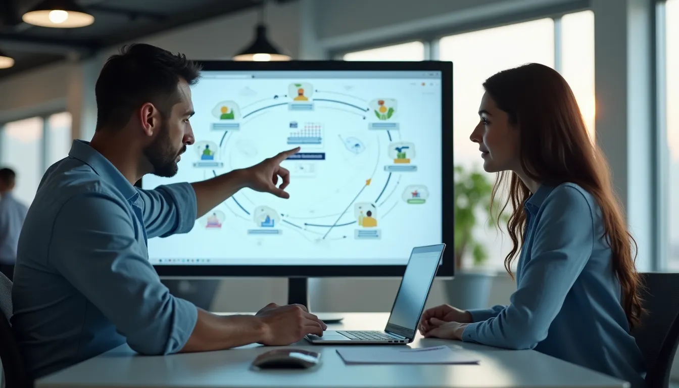 Dupla de colegas analisando um fluxo de automação comercial no notebook