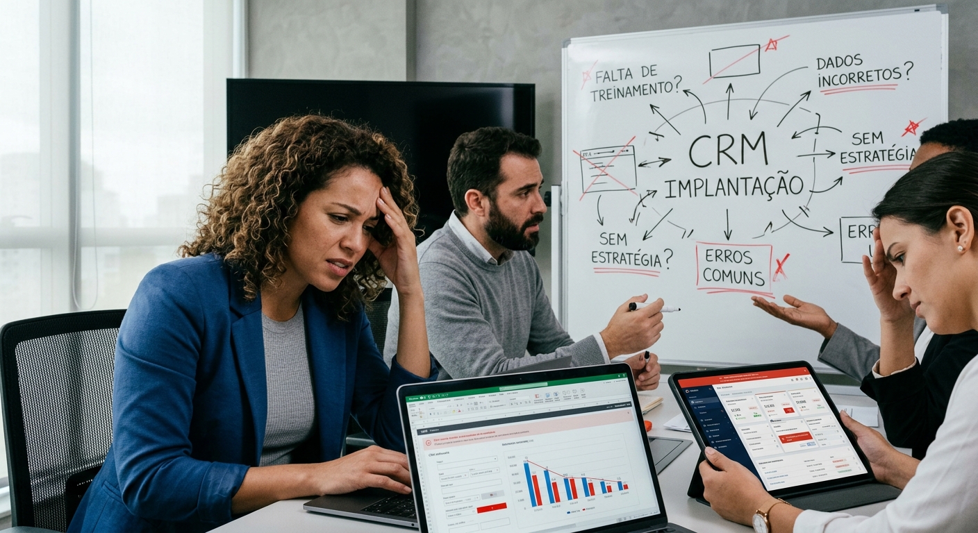 Equipe analisando em um quadro branco os erros comuns na implantação de um CRM