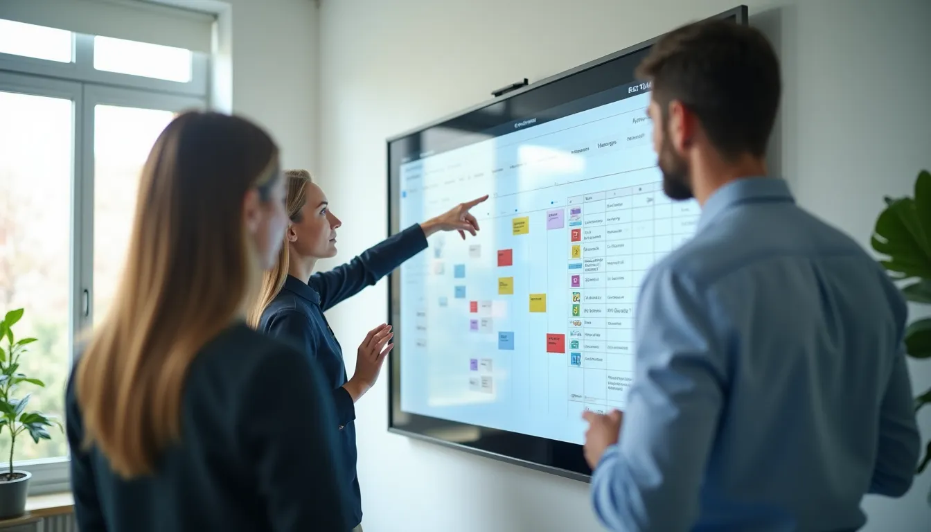 Equipe de vendas analisando um funil de vendas em kanban em uma tela grande