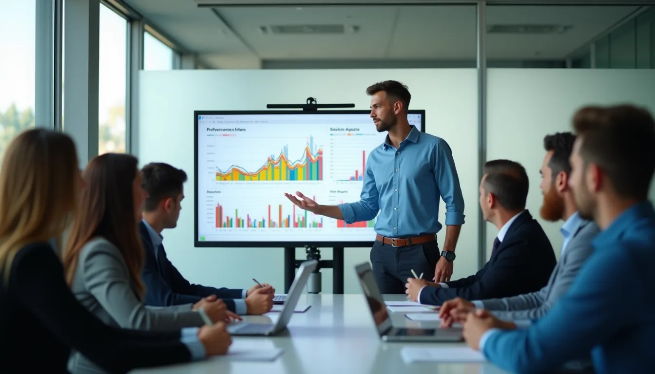 Gestor de vendas apresentando gráficos de desempenho comercial para a equipe