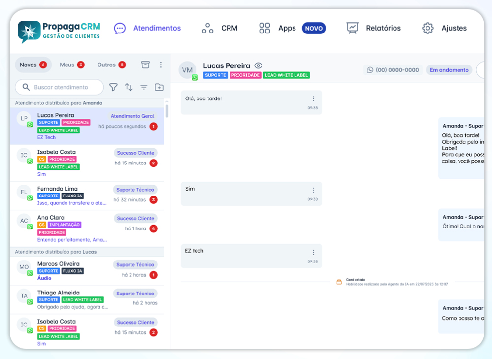 Tela de atendimentos da Propaga CRM